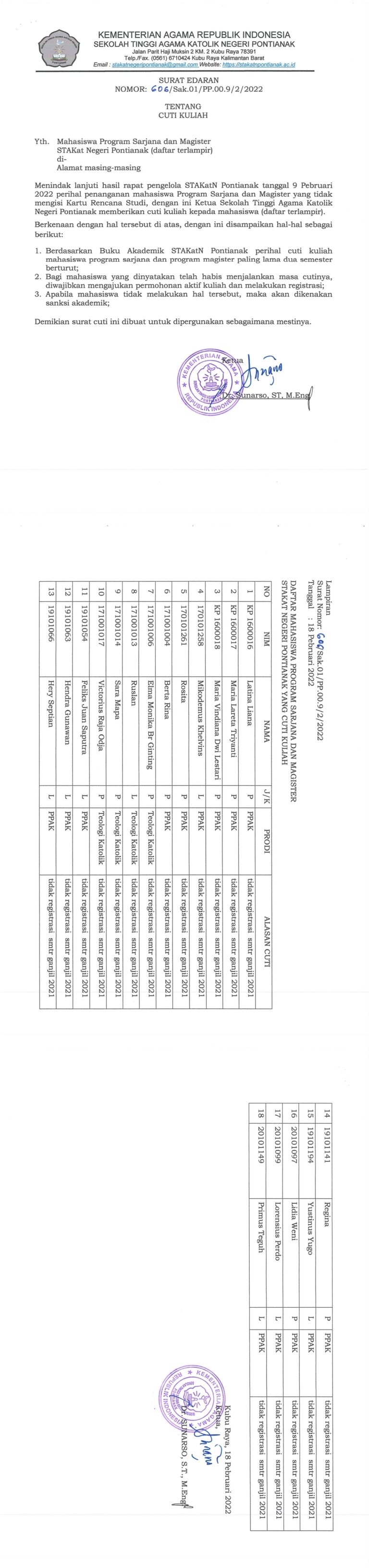 Surat Edaran Tentang Cuti Kuliah